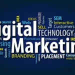 Illustration showing key elements like SEO, email, and social media used to explain what is digital marketing in a modern online business context.