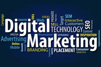 Illustration showing key elements like SEO, email, and social media used to explain what is digital marketing in a modern online business context.