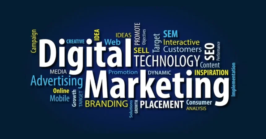 Illustration showing key elements like SEO, email, and social media used to explain what is digital marketing in a modern online business context.