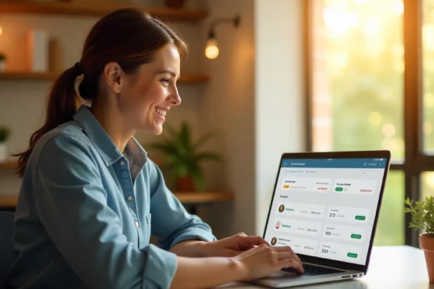 Australian professional using banking app to automate savings transfers on laptop and smartphone showing account growth