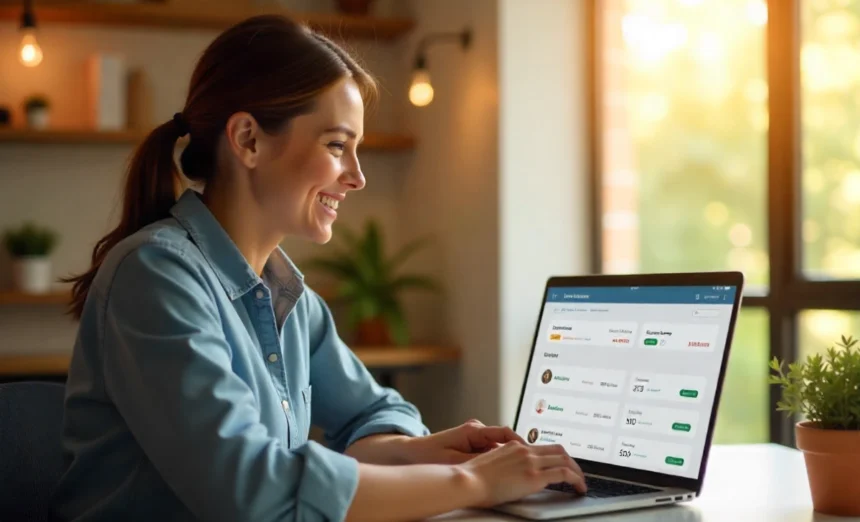Australian professional using banking app to automate savings transfers on laptop and smartphone showing account growth