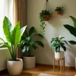 Best indoor plants for low light rooms featuring snake plant ZZ plant pothos in modern Australian home corner with dim lighting