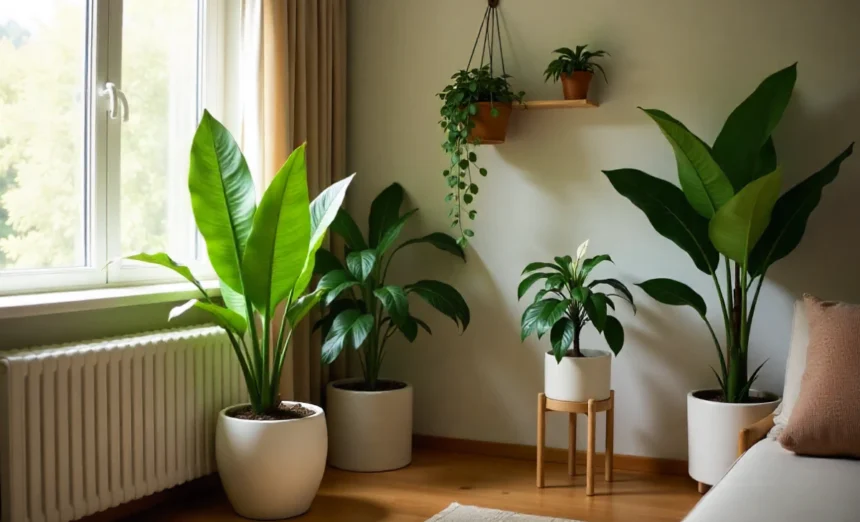 Best indoor plants for low light rooms featuring snake plant ZZ plant pothos in modern Australian home corner with dim lighting