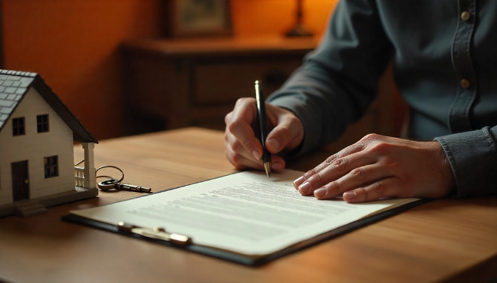Hands signing property contract with small white house model and keys on wooden desk during home purchase settlement