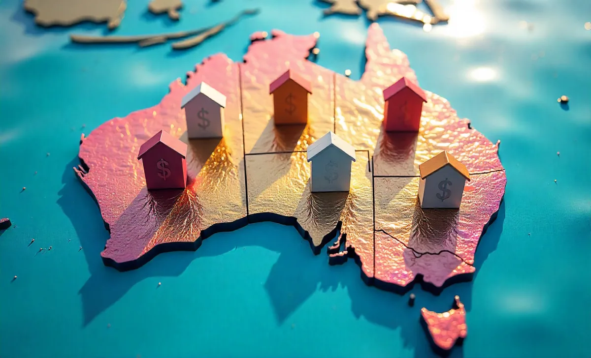 3D map of Australia with colorful miniature houses and dollar signs positioned across different states, representing first home buyer grants available nationwide in 2025.