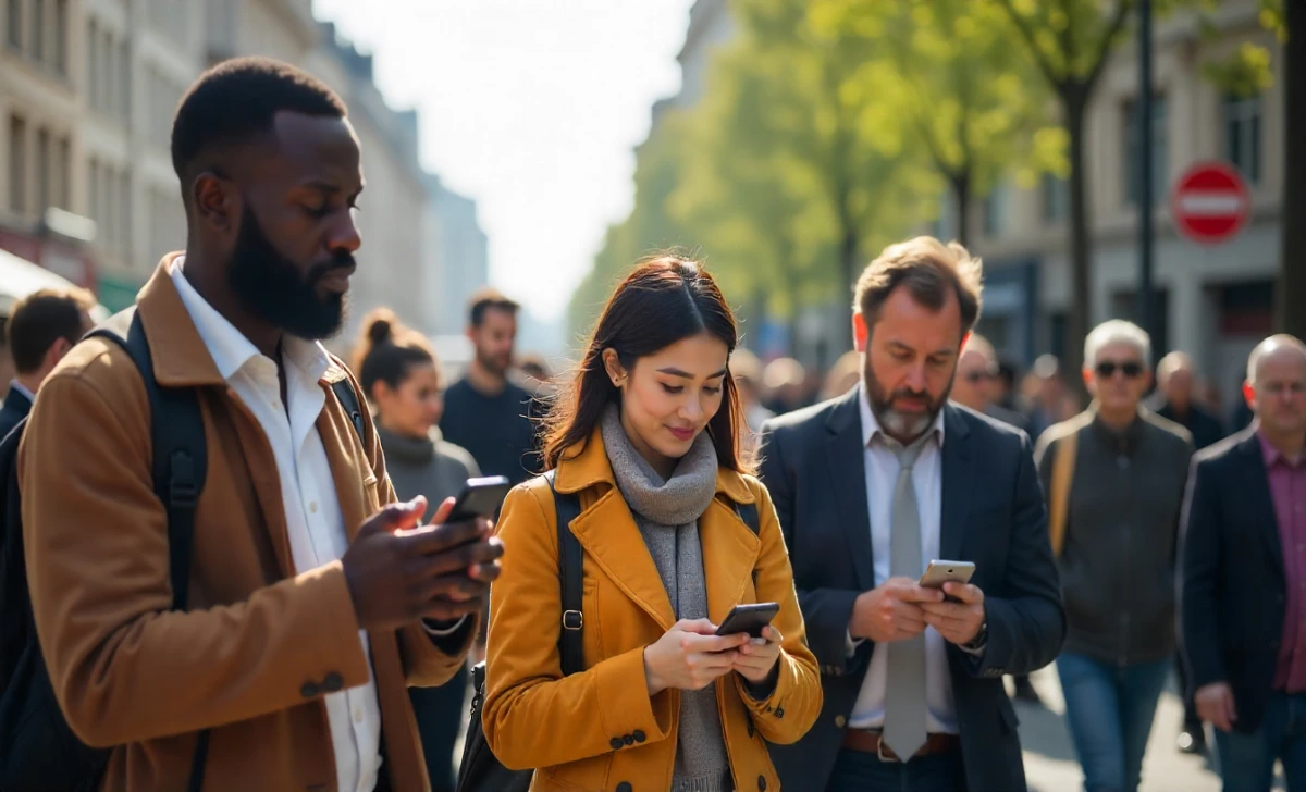 Group of people walking on a city street, all focused on using their smartphones for communication, work, and capturing moments.