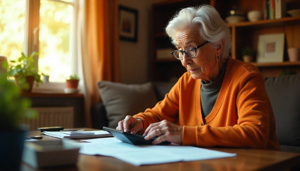 Elderly woman with glasses wearing orange cardigan uses calculator while reviewing financial papers at wooden table in bright home interior