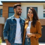 Smiling young couple standing in front of modern two-story home, woman holding house keys after successful purchase