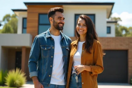 Smiling young couple standing in front of modern two-story home, woman holding house keys after successful purchase