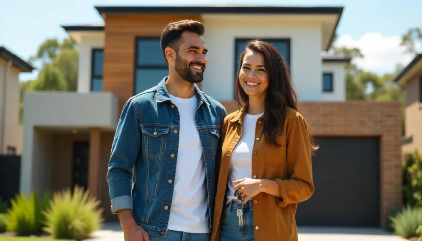 Smiling young couple standing in front of modern two-story home, woman holding house keys after successful purchase