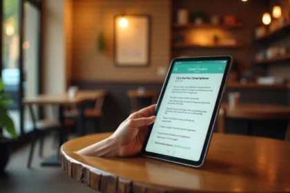 A person holding a tablet in a cozy café, displaying a guide titled "How to Choose the Right Smartphone for Your Needs in 2025.