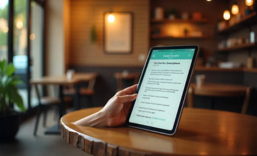 A person holding a tablet in a cozy café, displaying a guide titled "How to Choose the Right Smartphone for Your Needs in 2025.