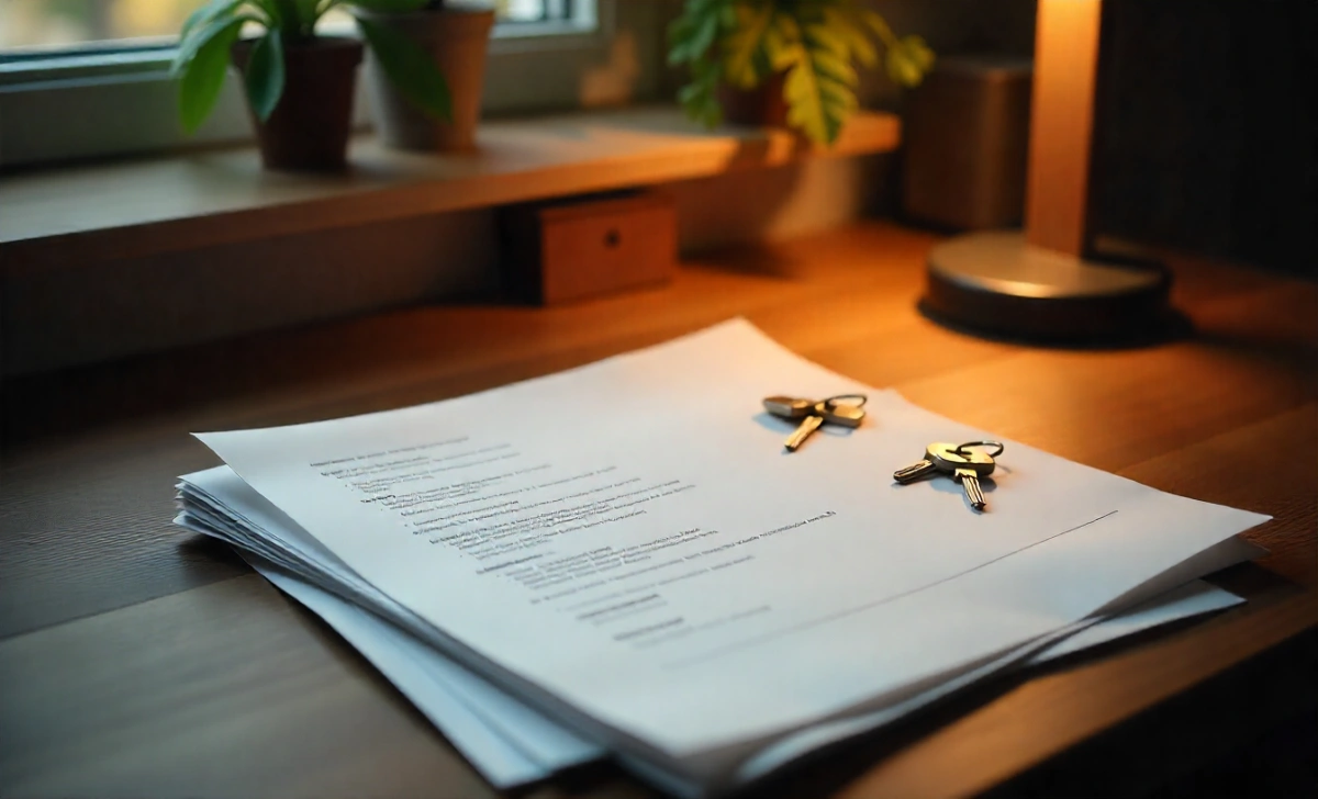 Stack of home loan documents and application papers on wooden desk with two sets of house keys, representing first home buyer grant paperwork and successful property purchase.