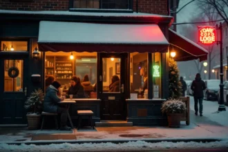 Cozy café storefront with red awning on snowy winter evening, warm lights inside showing customers seated at tables enjoying their visit.