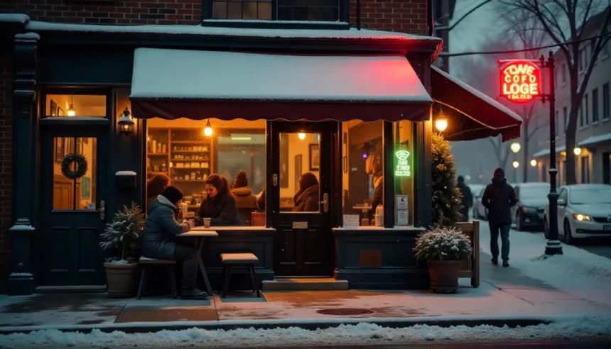 Cozy café storefront with red awning on snowy winter evening, warm lights inside showing customers seated at tables enjoying their visit.