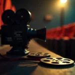 Indie films releasing this month featuring cinema seats and film reels in atmospheric lighting