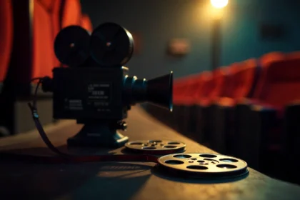 Indie films releasing this month featuring cinema seats and film reels in atmospheric lighting