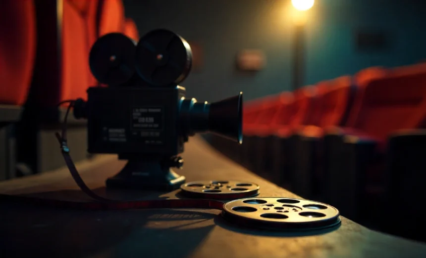 Indie films releasing this month featuring cinema seats and film reels in atmospheric lighting