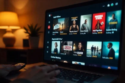 indie movie ratings streaming platform interface showing star ratings and film thumbnails on smart TV screen