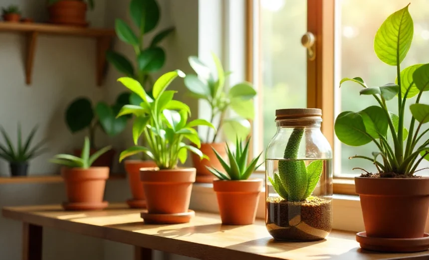 Indoor plants with self-watering systems to keep plants alive when travelling in Australian home