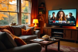 Cozy fall living room setup showing multiple screens with limited series premiering this fall on streaming platforms