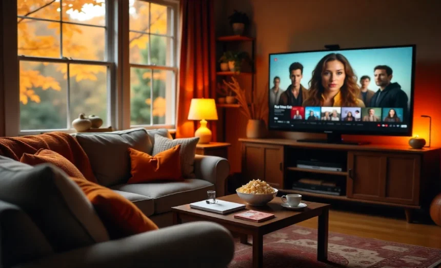 Cozy fall living room setup showing multiple screens with limited series premiering this fall on streaming platforms