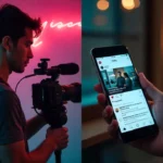 New indie directors social media buzz showing young filmmaker with camera and smartphone displaying viral film content