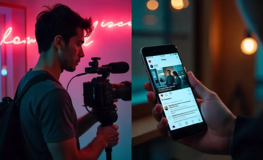 New indie directors social media buzz showing young filmmaker with camera and smartphone displaying viral film content
