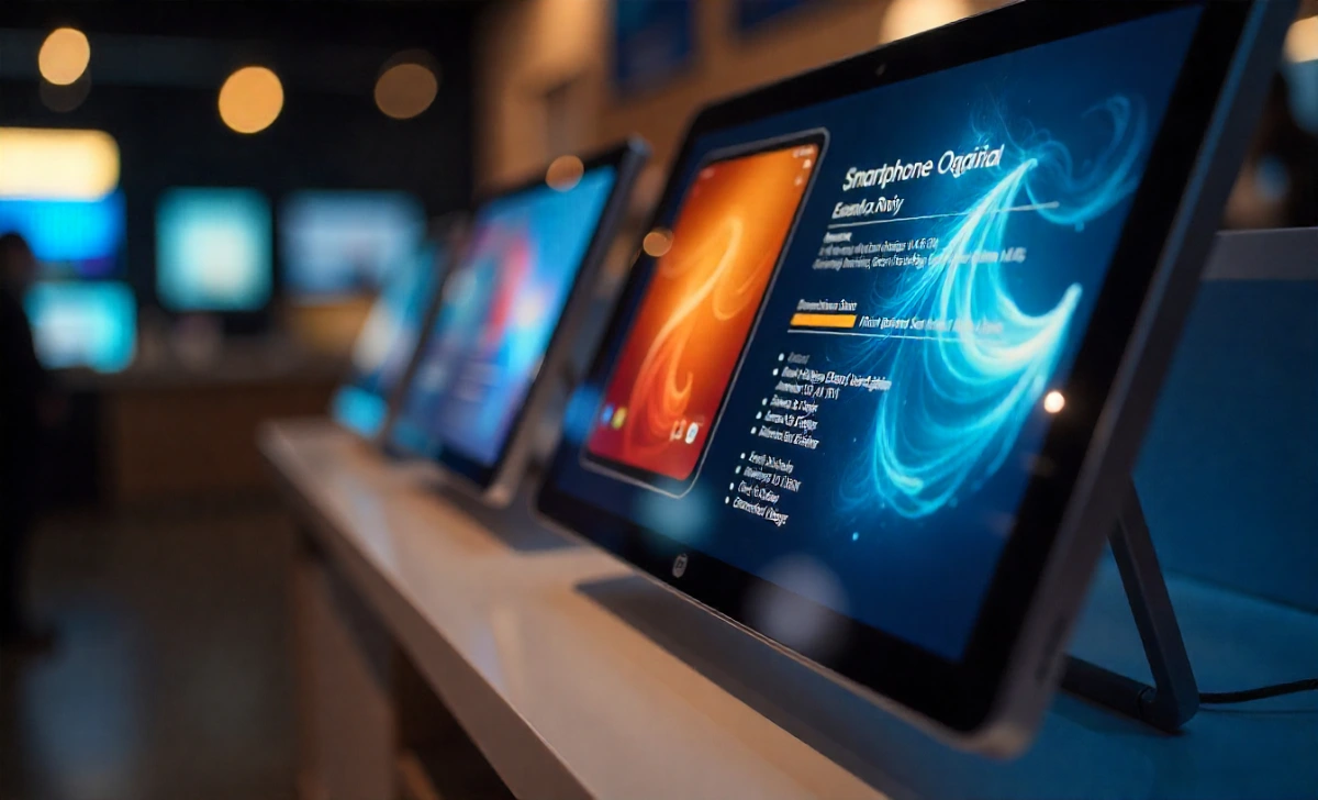 Close-up of display screens in a tech store showing smartphone performance and processing power details for the latest devices.