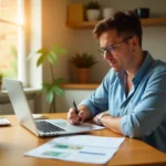 Australian person creating realistic monthly budget plan with calculator and financial documents on kitchen table