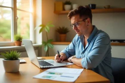 Australian person creating realistic monthly budget plan with calculator and financial documents on kitchen table