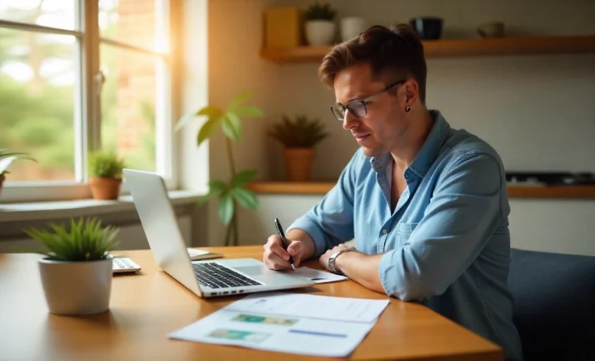 Australian person creating realistic monthly budget plan with calculator and financial documents on kitchen table
