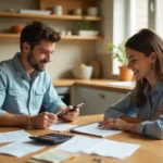 Australian family budgeting at kitchen table to save 100 dollars a month easily with calculator and bills