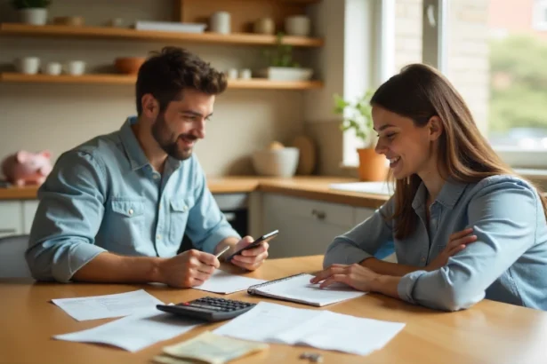 Australian family budgeting at kitchen table to save 100 dollars a month easily with calculator and bills