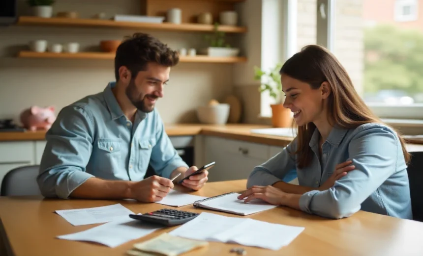 Australian family budgeting at kitchen table to save 100 dollars a month easily with calculator and bills