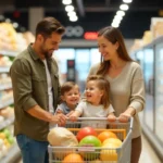 Australian family grocery shopping wisely to stop overspending on groceries in a Coles or Woolworths supermarket.