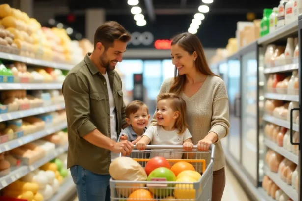 Australian family grocery shopping wisely to stop overspending on groceries in a Coles or Woolworths supermarket.