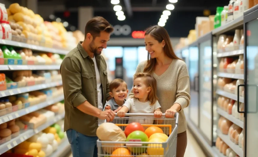 Australian family grocery shopping wisely to stop overspending on groceries in a Coles or Woolworths supermarket.