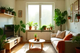 Small apartment living room showing creative ways styling small spaces with plants using wall mounted planters hanging plants corner displays
