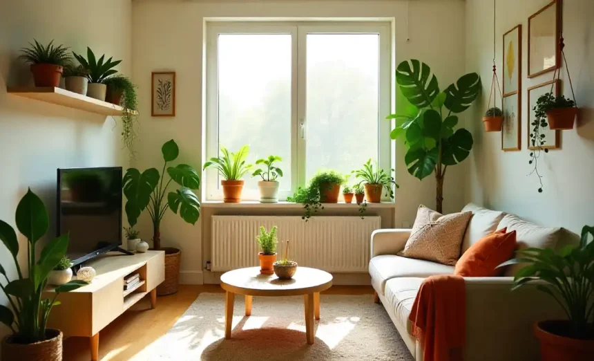Small apartment living room showing creative ways styling small spaces with plants using wall mounted planters hanging plants corner displays