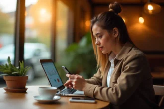 Young professional using a bank app to track spending easily on their smartphone.