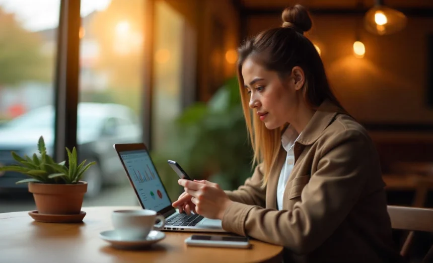 Young professional using a bank app to track spending easily on their smartphone.