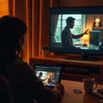 Person watching upcoming indie films early on laptop with streaming platforms and film festival logos displayed