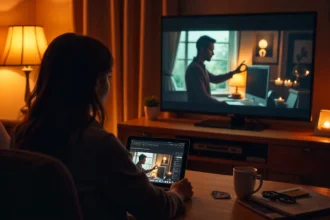 Person watching upcoming indie films early on laptop with streaming platforms and film festival logos displayed