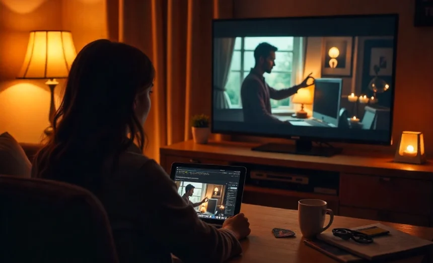 Person watching upcoming indie films early on laptop with streaming platforms and film festival logos displayed