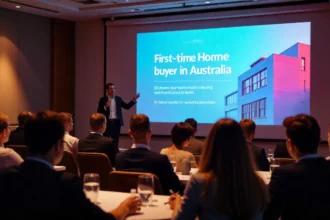 Professional presenter speaking to audience about first-time home buyer programs in Australia, with colorful slide showing modern residential buildings and program benefits displayed on large screen in conference room