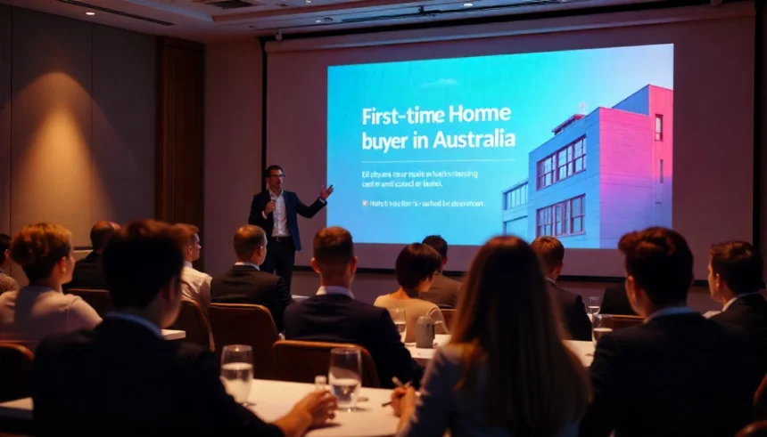 Professional presenter speaking to audience about first-time home buyer programs in Australia, with colorful slide showing modern residential buildings and program benefits displayed on large screen in conference room