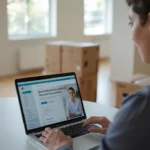"Australian tenant completing bond refund application on government website with moving boxes and rental documentation"