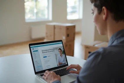 "Australian tenant completing bond refund application on government website with moving boxes and rental documentation"