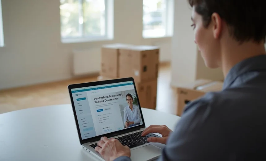 "Australian tenant completing bond refund application on government website with moving boxes and rental documentation"